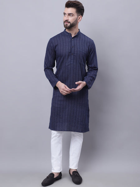 Even Apparels Blue Pure Cotton Kurta With Band Collar