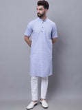 Even Apparels Blue Pure Cotton Short Sleeves Kurta With Band Collar - Distacart
