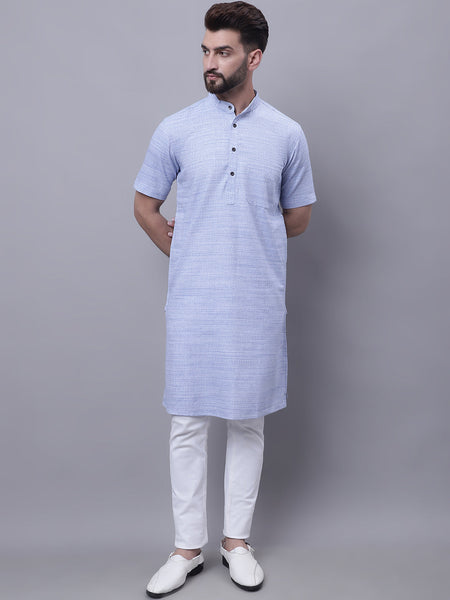 Even Apparels Blue Pure Cotton Short Sleeves Kurta With Band Collar