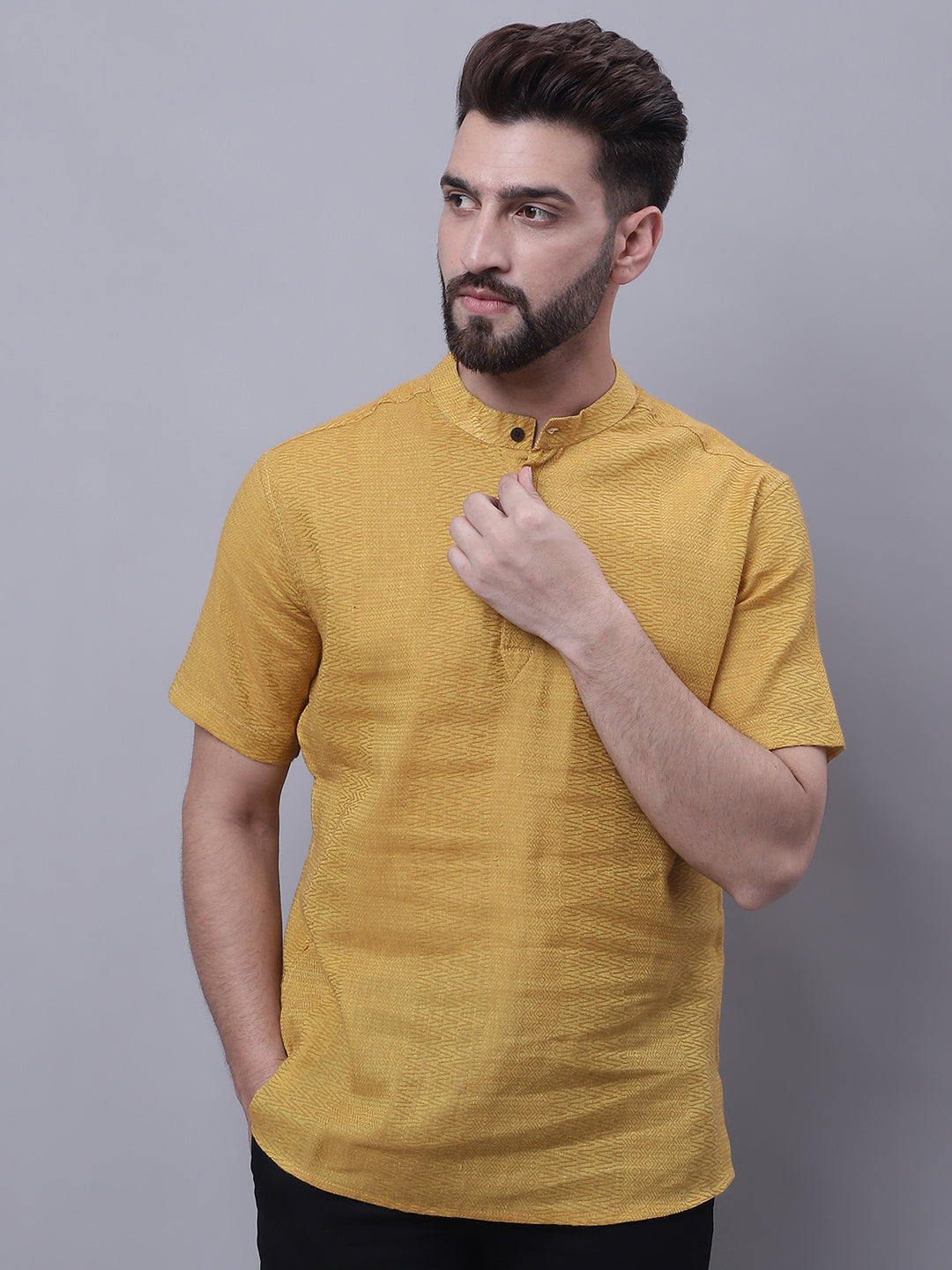 Even Apparels Yellow Pure Cotton Short Sleeves Kurta With Band Collar - Distacart
