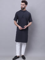 Even Apparels Black Pure Cotton Short Sleeves Kurta With Band Collar