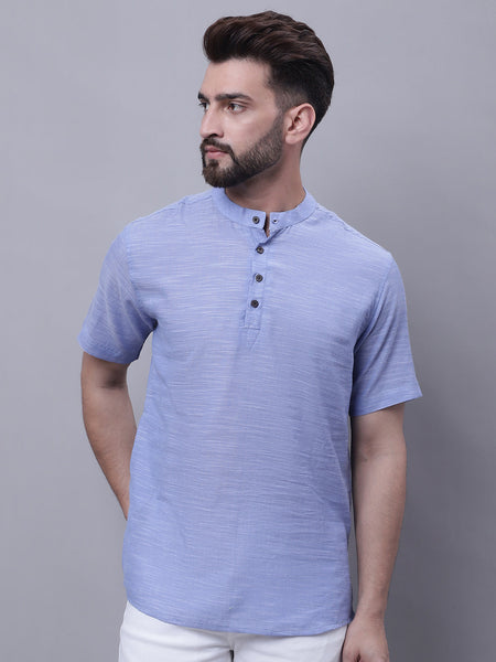 Even Apparels Blue Pure Cotton Short Kurta With Band Collar