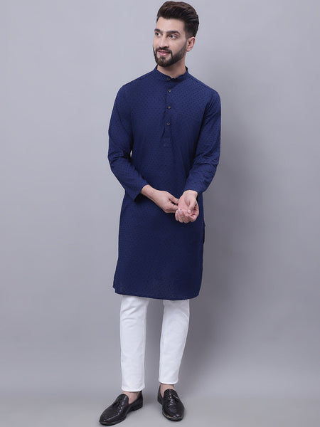 Even Apparels Blue Pure Cotton Kurta With Band Collar