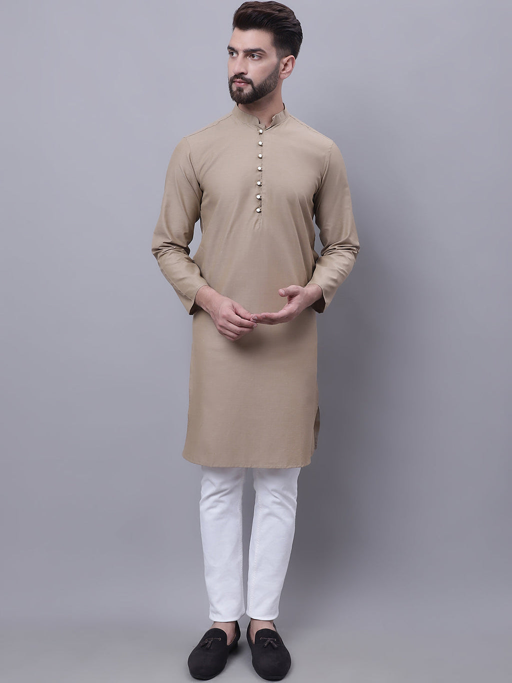 Even Apparels Beige Pure Cotton Kurta With Band Collar - Distacart