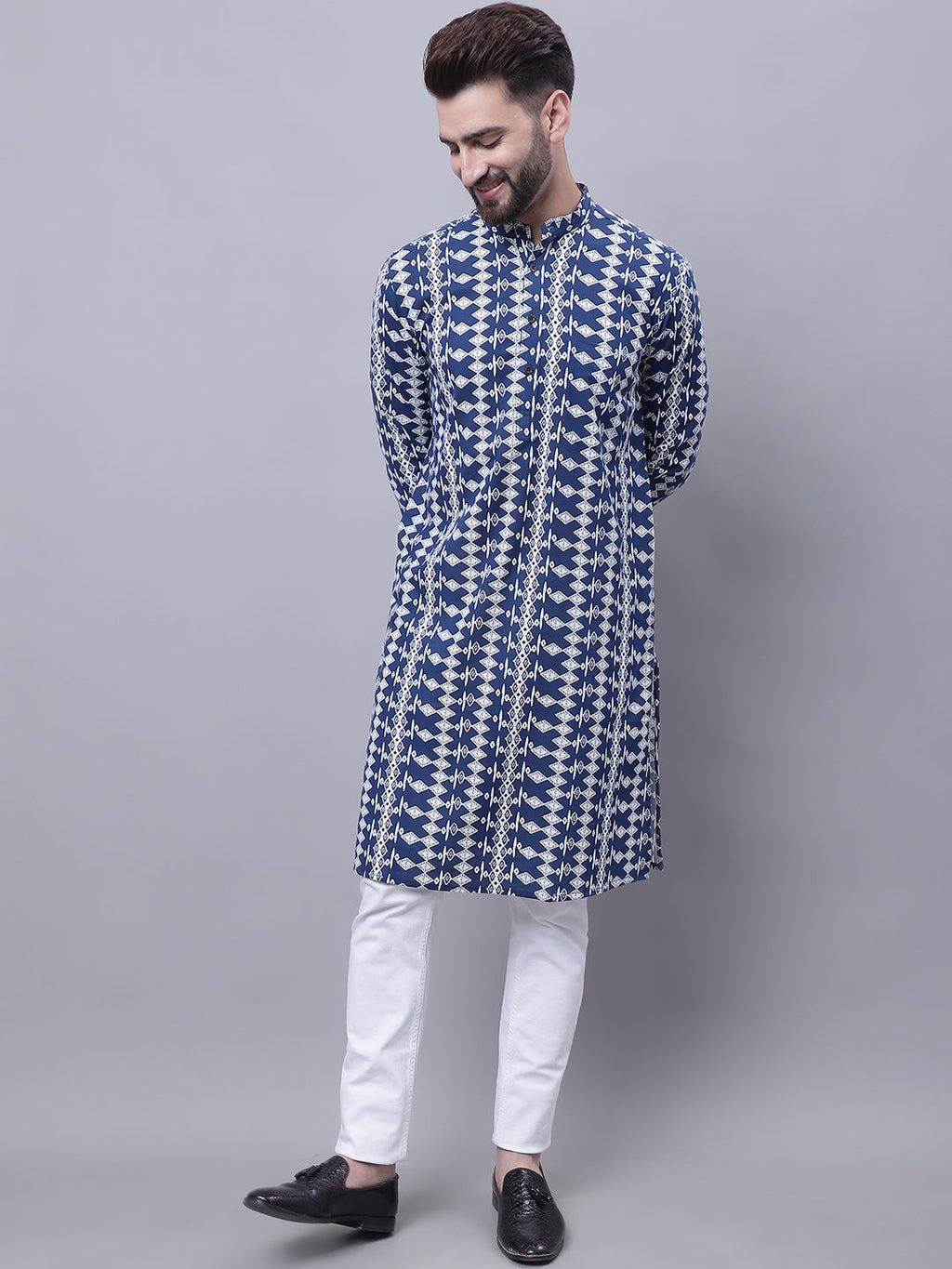 Even Apparels Blue Pure Cotton Kurta With Band Collar - Distacart