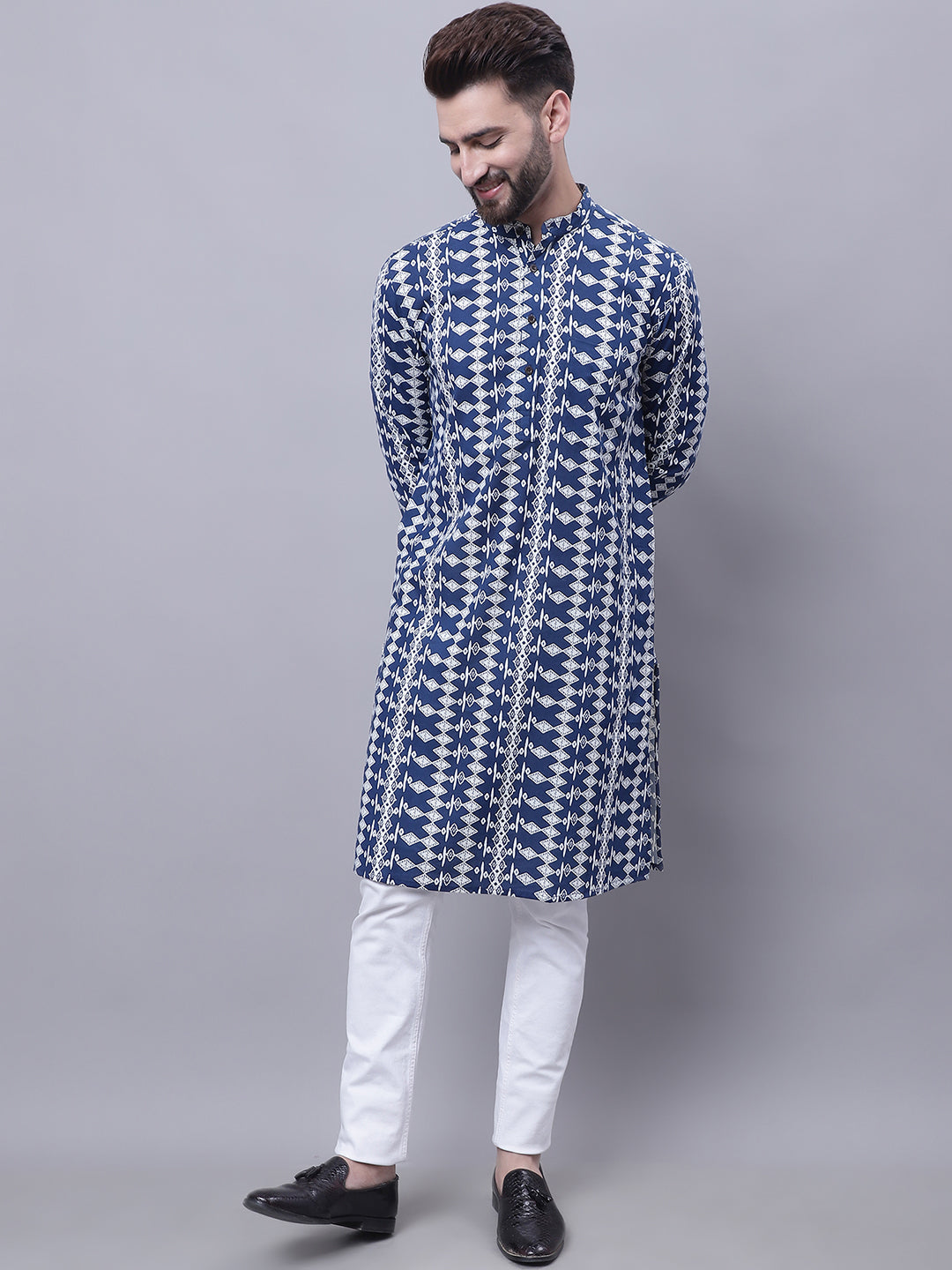 Even Apparels Blue Pure Cotton Kurta With Band Collar - Distacart