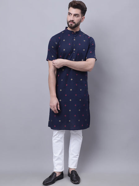 Even Apparels Blue Pure Cotton Short Sleeves Kurta With Band Collar