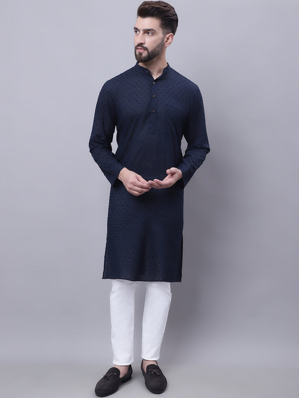 Even Apparels Blue Pure Cotton Kurta With Band Collar - Distacart