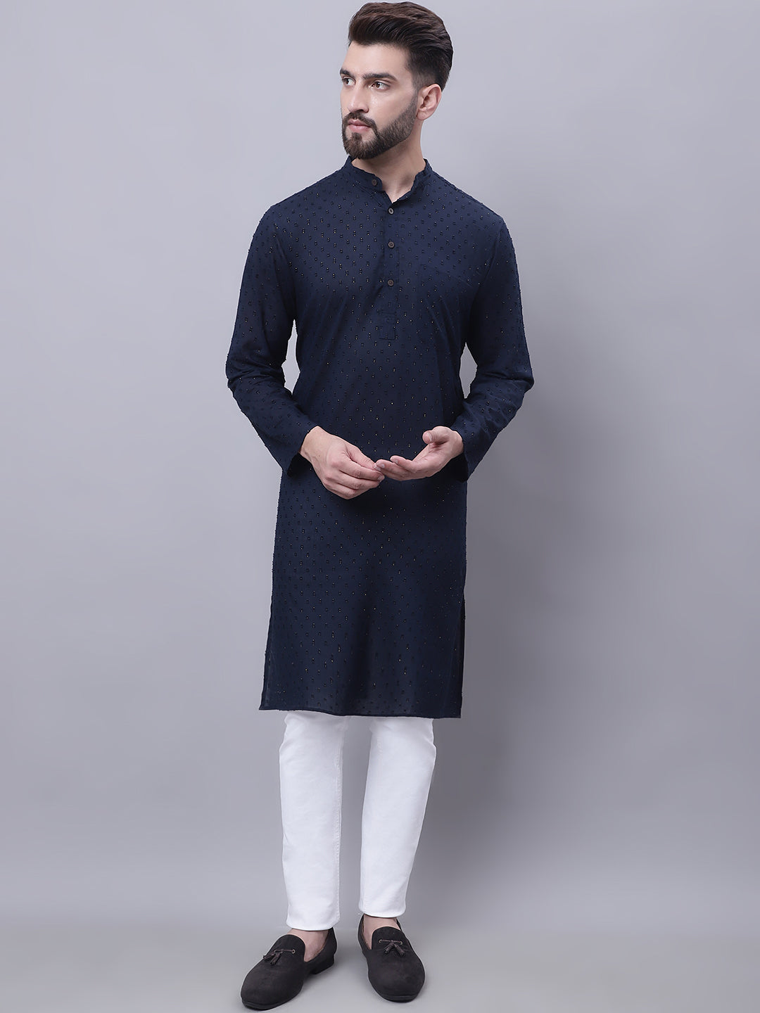Even Apparels Blue Pure Cotton Kurta With Band Collar - Distacart