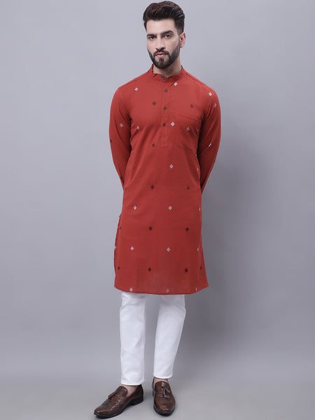 Even Apparels Rust Pure Cotton Kurta With Band Collar