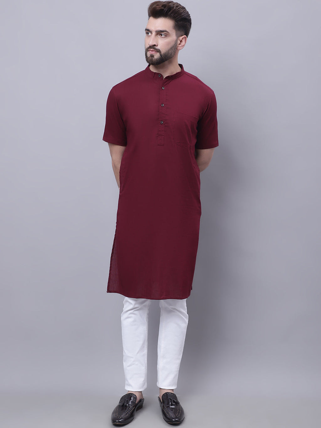 Even Apparels Red Pure Cotton Short Sleeves Kurta With Band Collar - Distacart