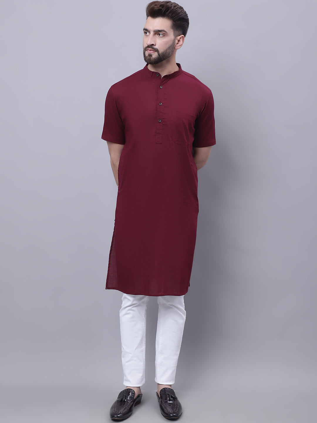 Even Apparels Red Pure Cotton Short Sleeves Kurta With Band Collar - Distacart