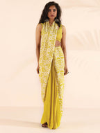 trueBrowns Lime Muslin Ikat Saree