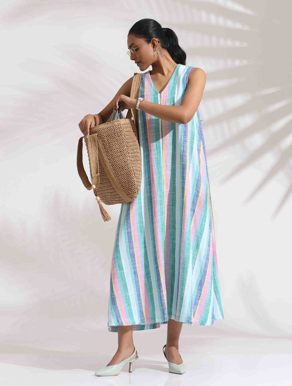 trueBrowns Green Cotton Multi Stripe Flared Dress - Distacart