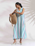 trueBrowns Green Cotton Multi Stripe Flared Dress - Distacart