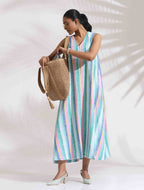trueBrowns Green Cotton Multi Stripe Flared Dress - Distacart