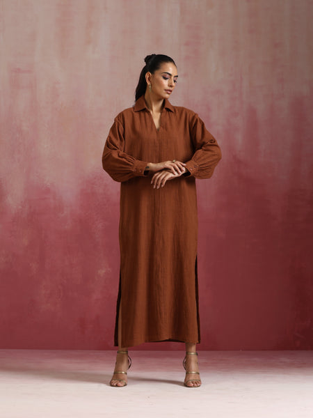 trueBrowns Brown Cotton Dobby Dress