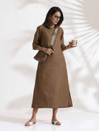 trueBrowns Brown Slub Dress - Distacart