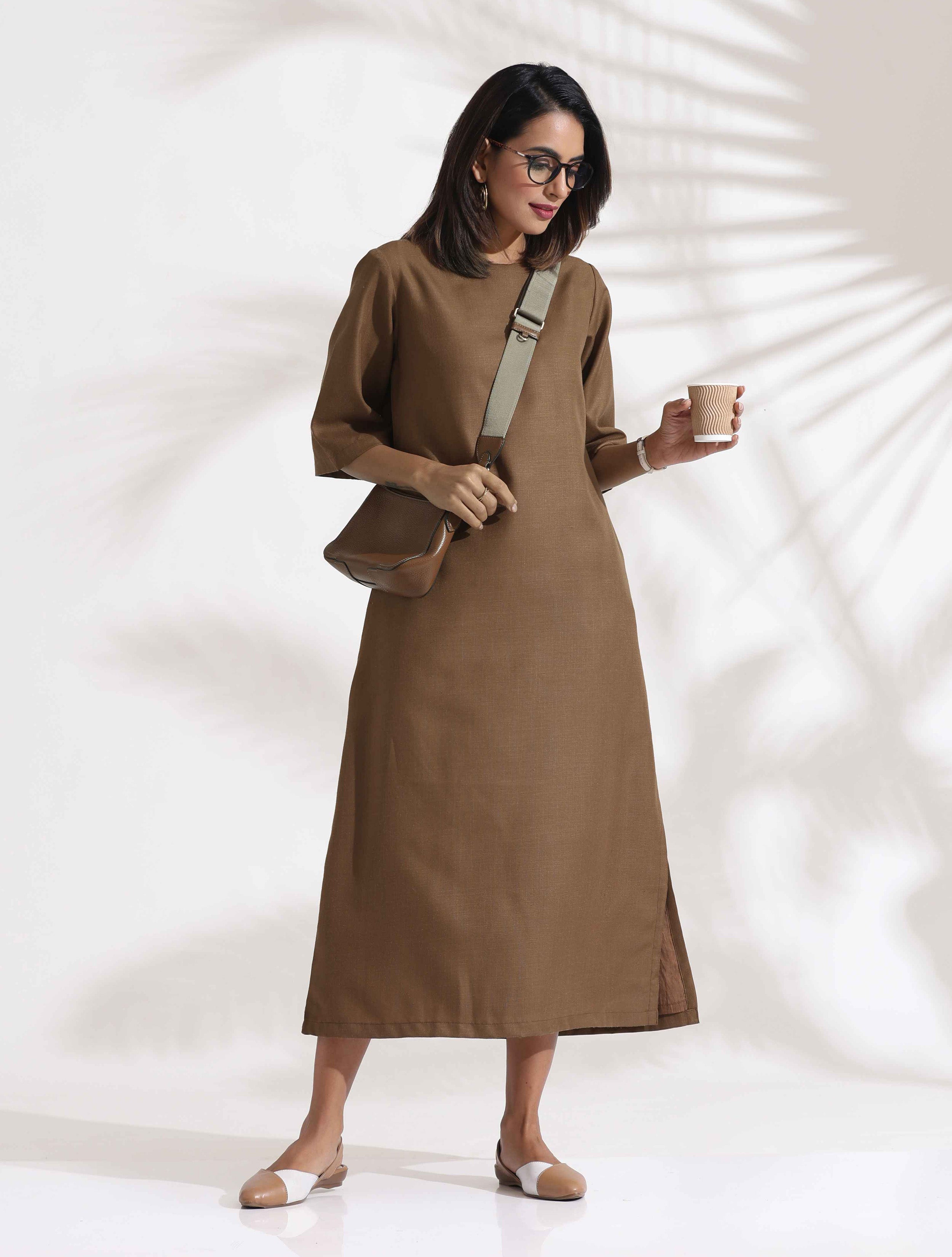 trueBrowns Brown Slub Dress - Distacart