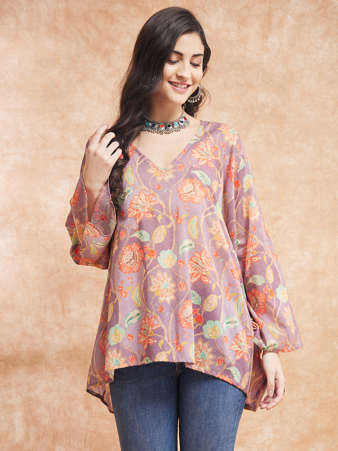 InWeave Women's Dove Grey Floral Digital Print Kaftan Boho Top
