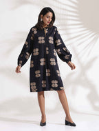 trueBrowns Black Cotton Print Short Dress - Distacart