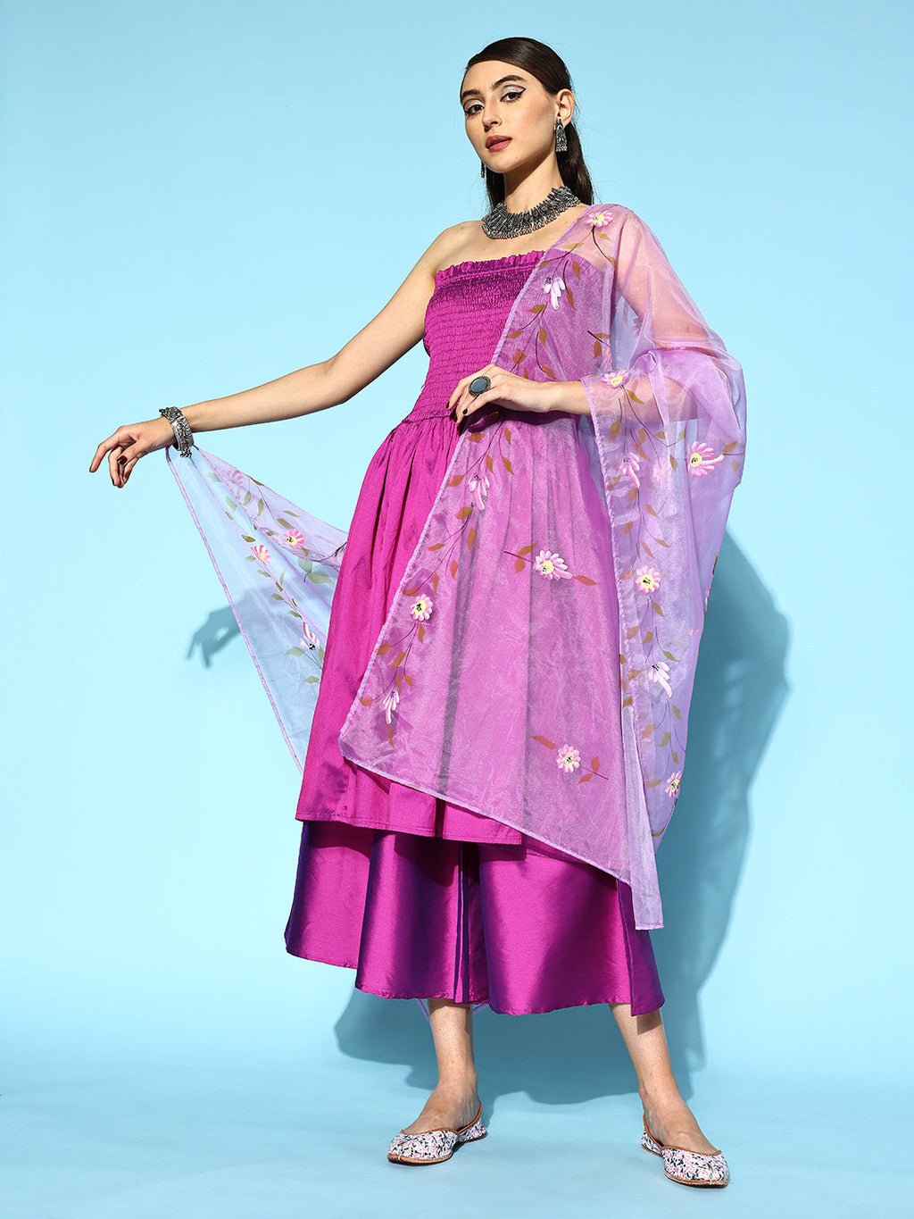 InWeave Purple Off Shoulder Silk Kurta Set -Mauve Hand Painted Dupatta