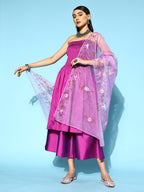 InWeave Purple Off Shoulder Silk Kurta Set -Mauve Hand Painted Dupatta