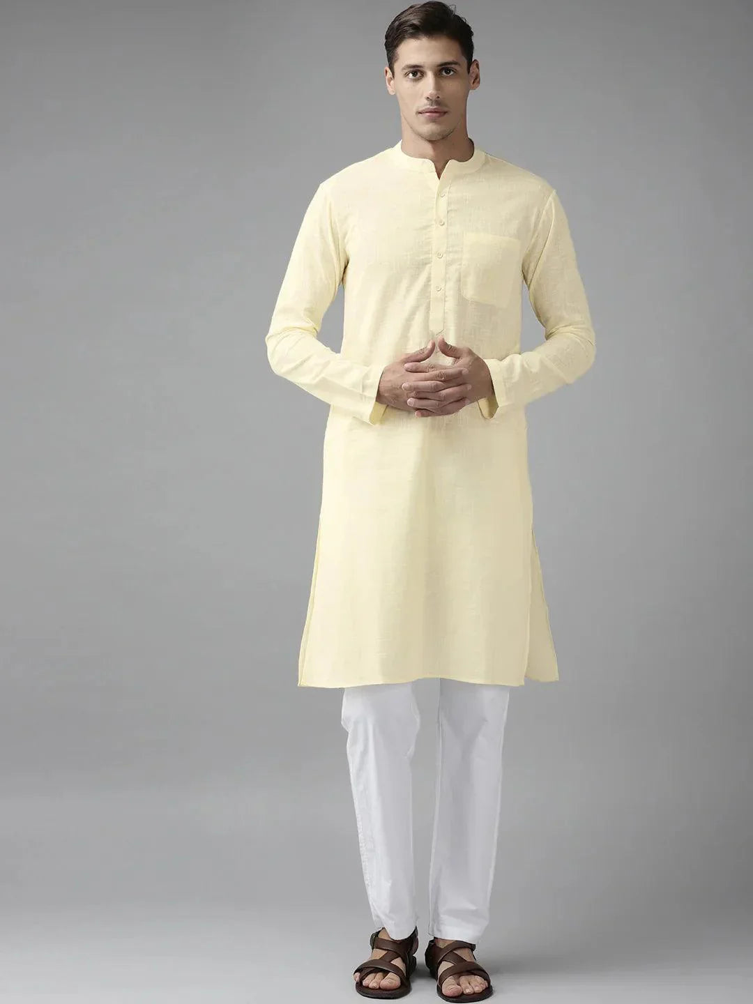 Fabmade Men Cream Cotton Linen Kurta