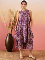 InWeave Dusty Mauve Paisley Round Neck Kurta Short Palazzo Set