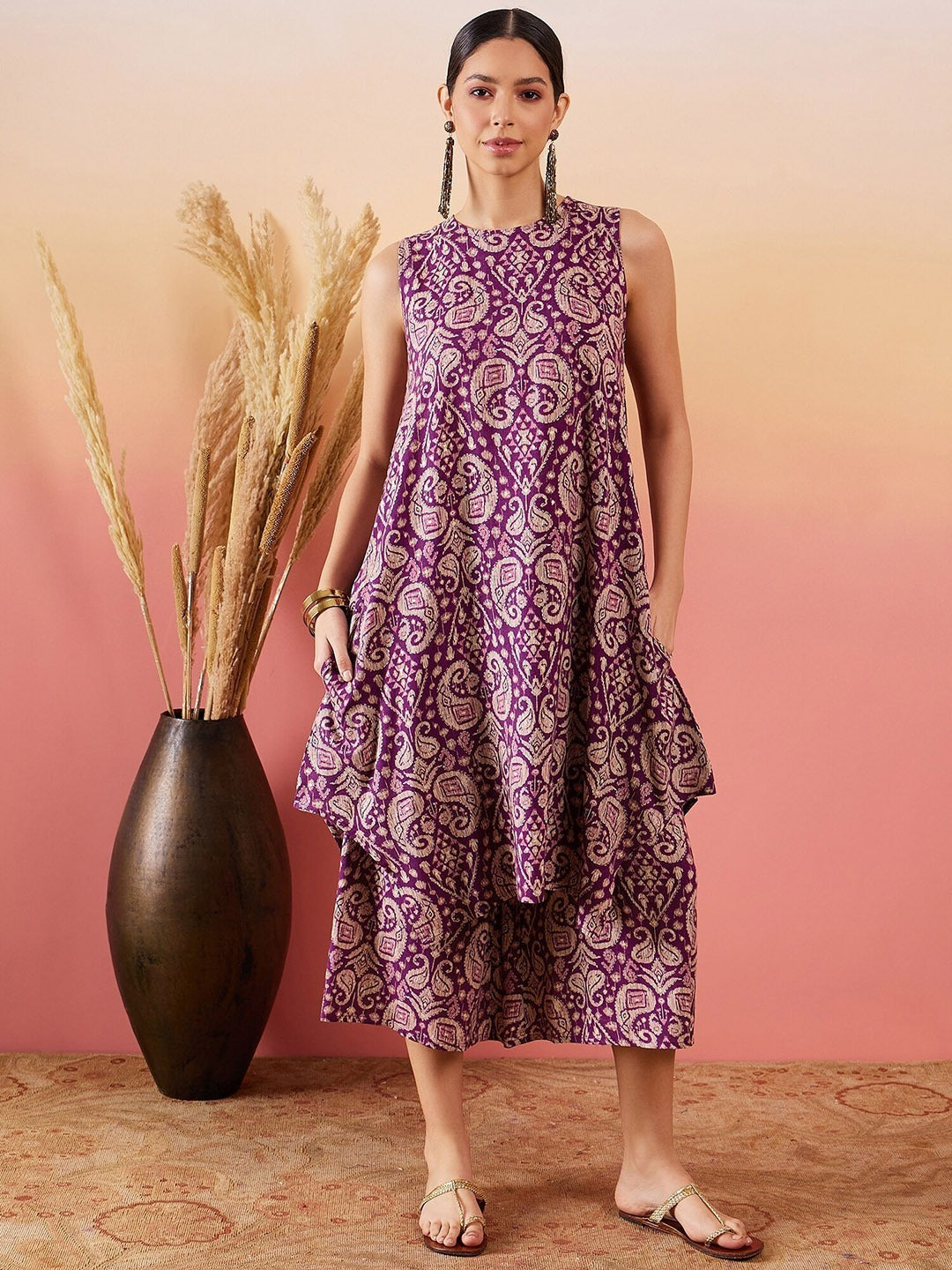 InWeave Dusty Mauve Paisley Round Neck Kurta Short Palazzo Set
