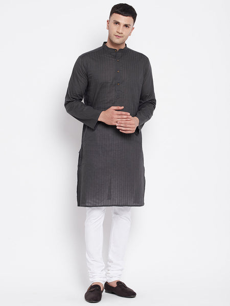 Even Apparels Grey Pure Cotton Kurta With Band Collar