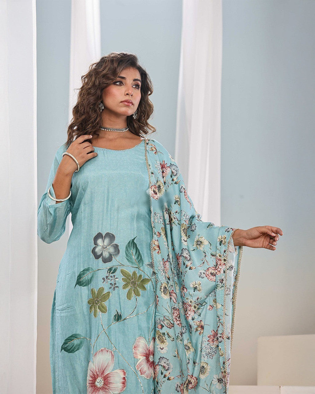 The52 Women's Beautiful French Crab Fabric Printed Work Straight Kurta Pant and Dupatta Set - Distacart