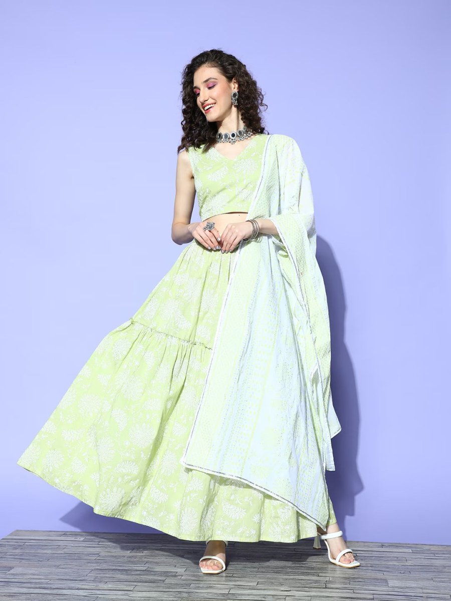 Ahalyaa Pure Cotton Green & White Printed Khari Print Ready to Wear Lehenga & Blouse With Dupatta