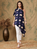InWeave Women's Blue Elephant Print Oneshoulder Top