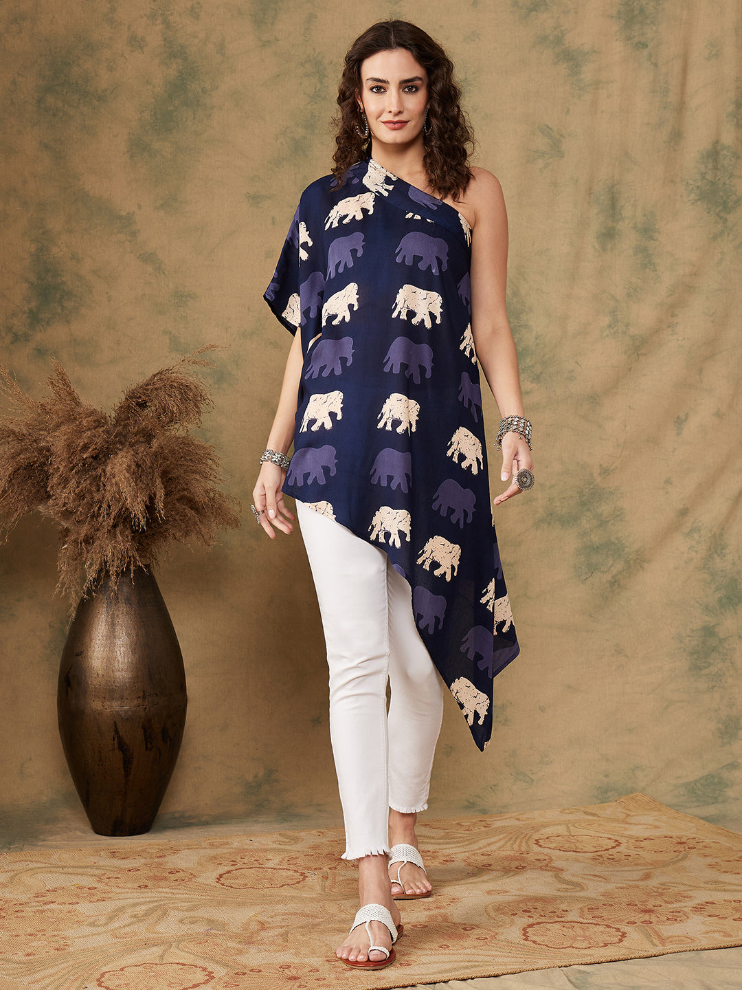 InWeave Women's Blue Elephant Print Oneshoulder Top