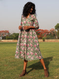 trueBrowns Sage Cotton Block Print Lapel Collared Dress - Distacart