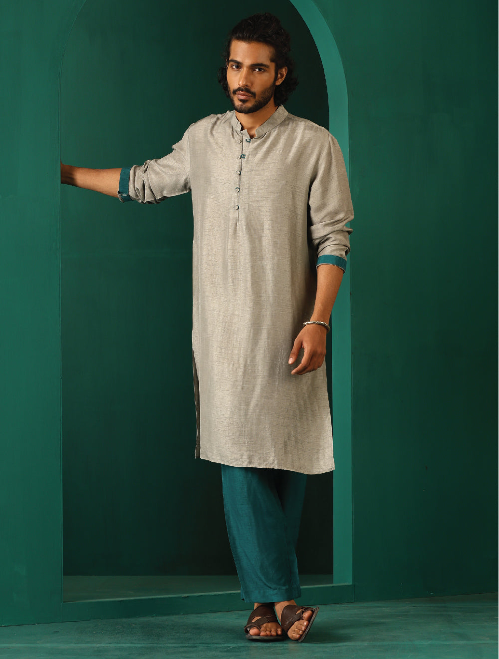 trueBrowns Men's Grey Silk Long Kurta