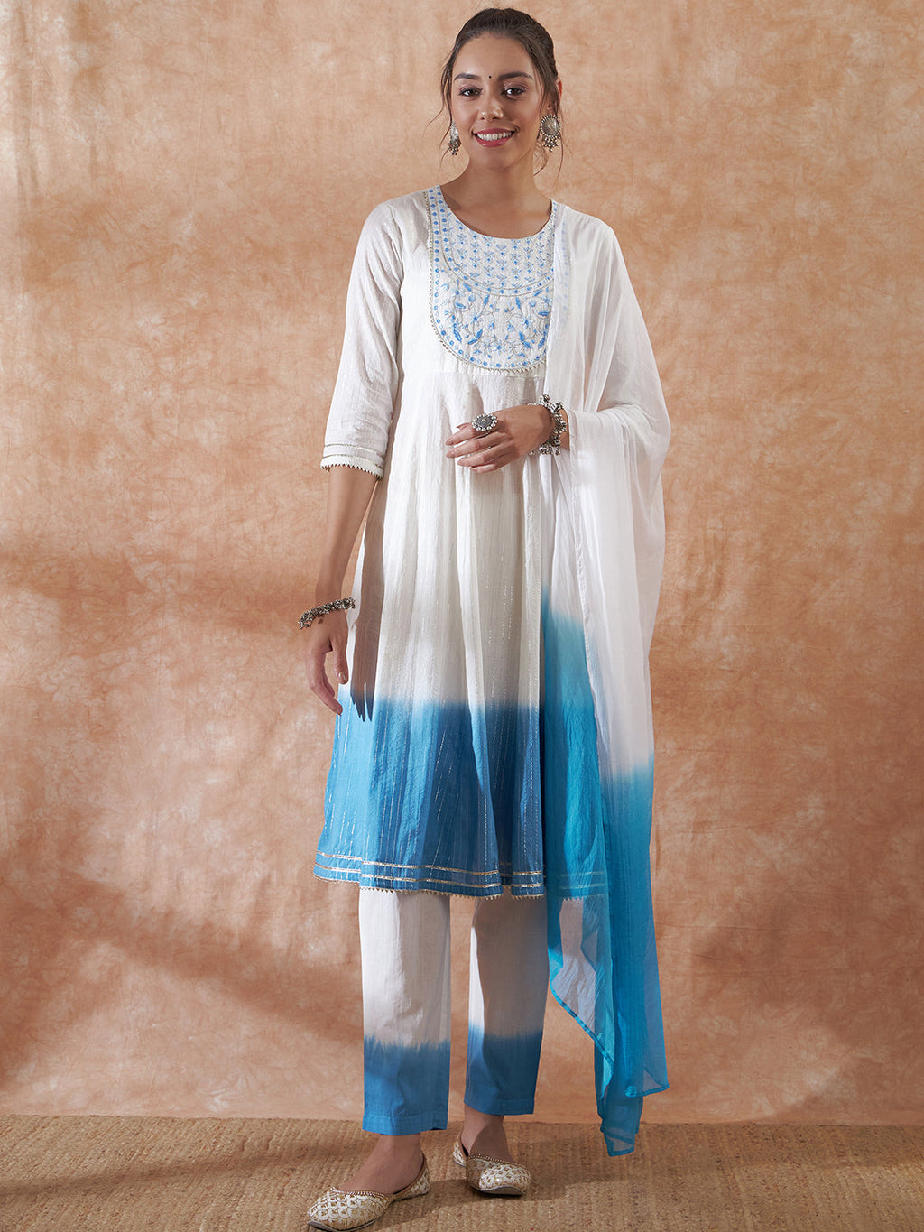 InWeave Women's White Lurex Blue Dye Patch Gota Anarkali Kurta Set W Dupatta
