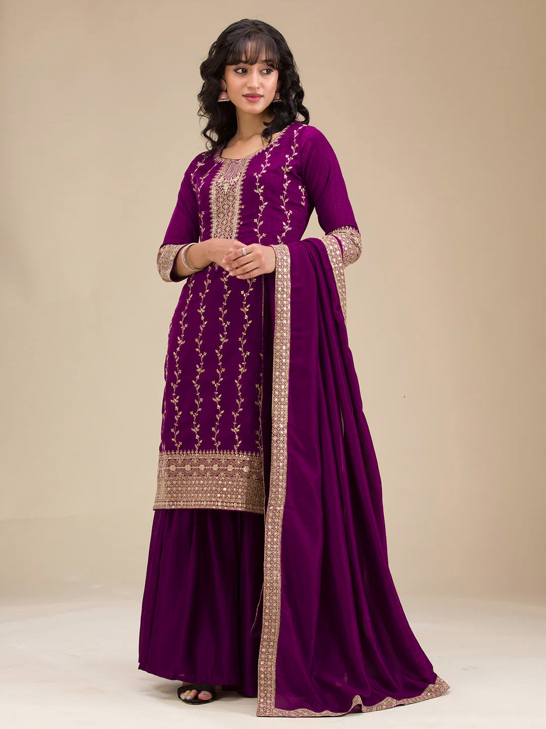 The52 Beautiful Embroidered Vichitra Silk Fabric Straight Kurta, Palazzo and Dupatta Set - Distacart
