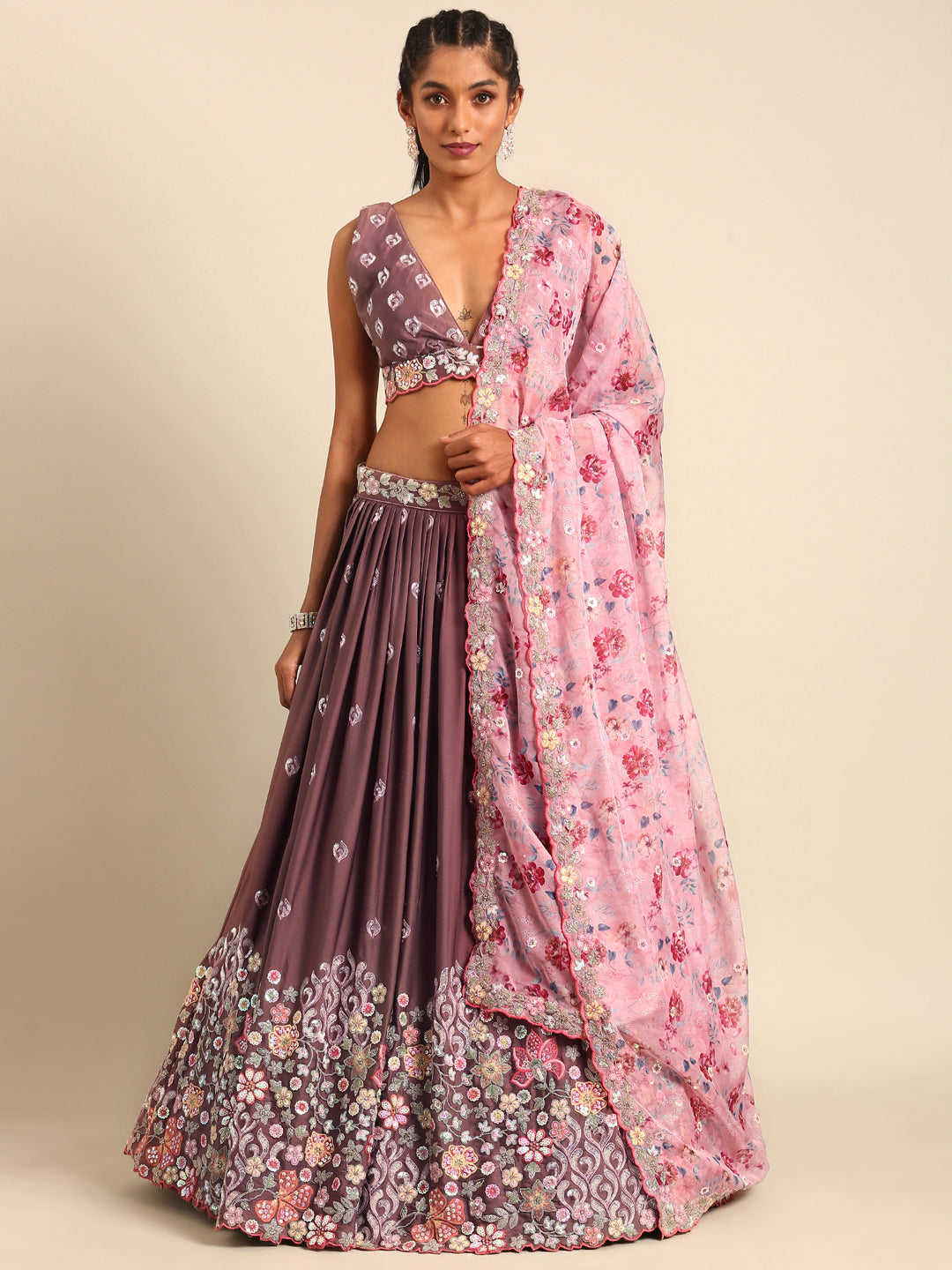 House of Panchhi Rose Gold Chinon Sequins Embroidery Lehenga Choli & Dupatta