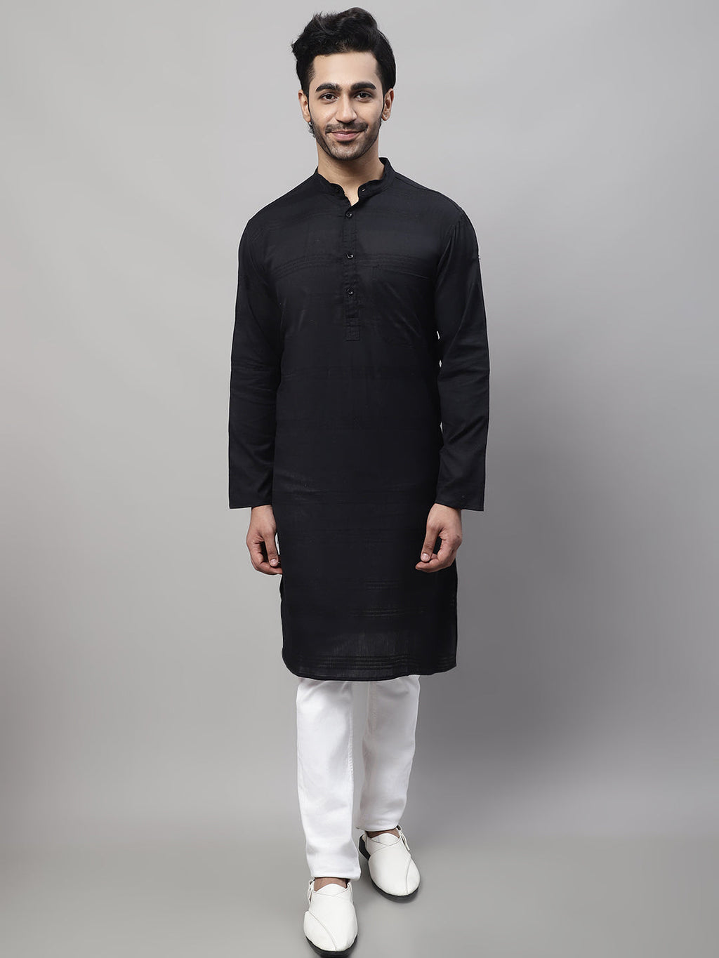 Even Apparels Black Pure Cotton Kurta With Band Collar