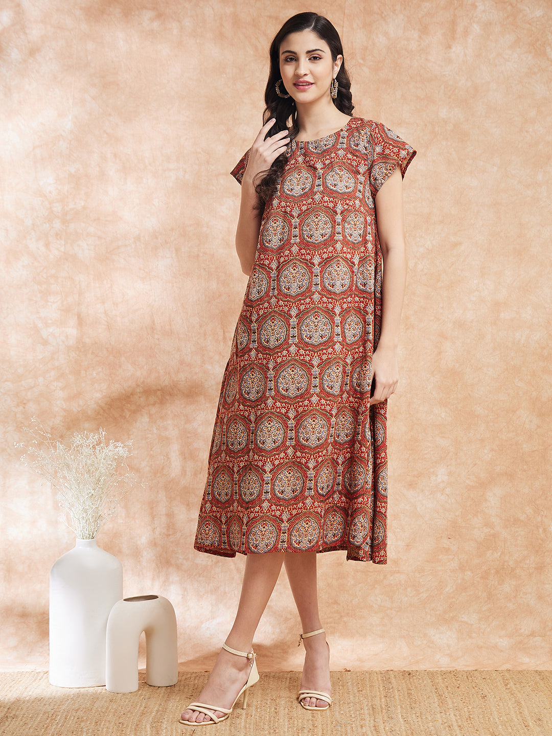 InWeave Women's Maroon Mughal Kalamkari A Line Dress - Distacart