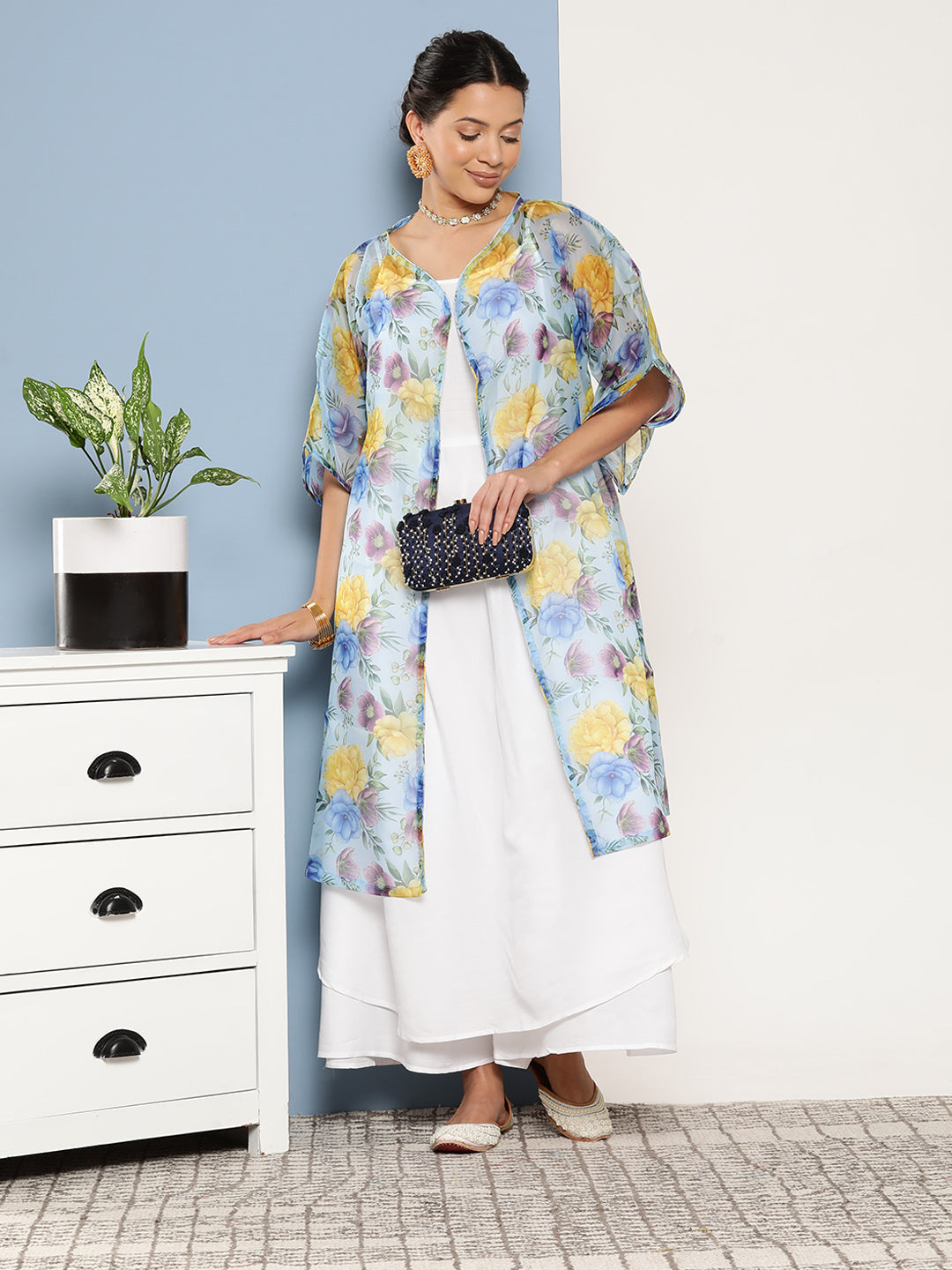 InWeave Women's Cream Strappy With Blue Floral Print Cape