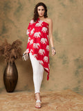 InWeave Women's Red Elephant Print Oneshoulder Top