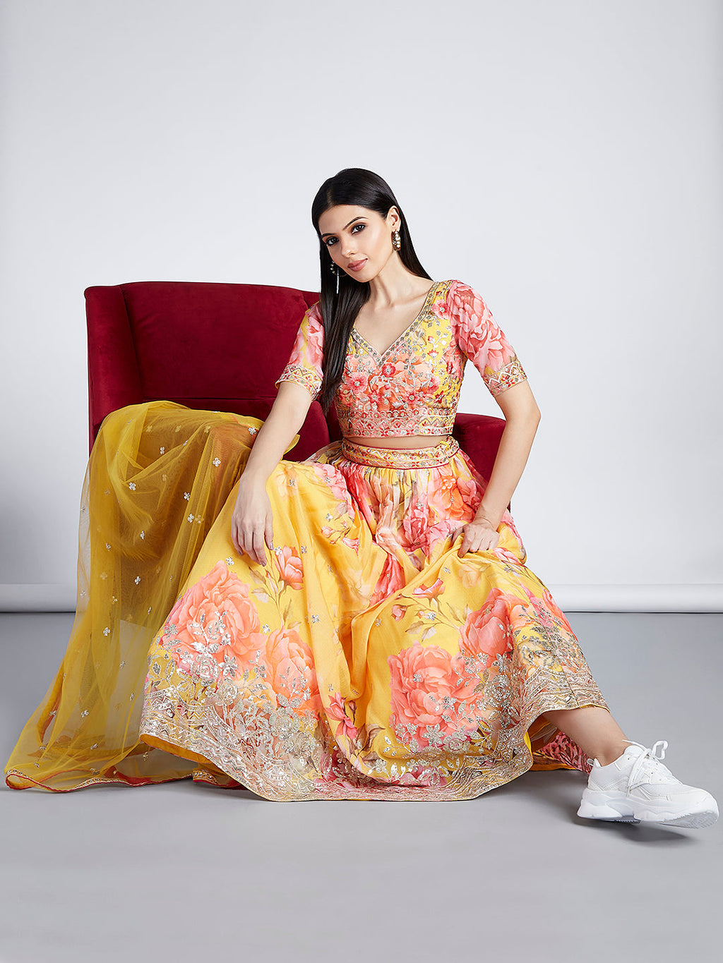 House of Panchhi Yellow Colour Organza Floral Design Digital Print Lehenga Choli & Dupatta
