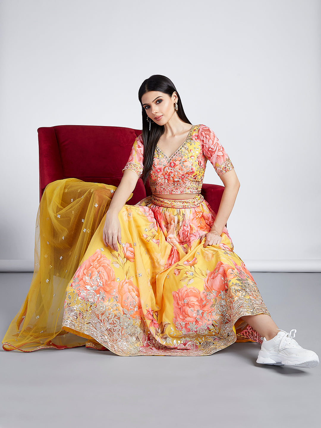 House of Panchhi Yellow Colour Organza Floral Design Digital Print Lehenga Choli & Dupatta