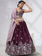 House of Panchhi Burgundy Pure Georgette Sequins And Thread Embroidery Lehenga Choli & Dupatta