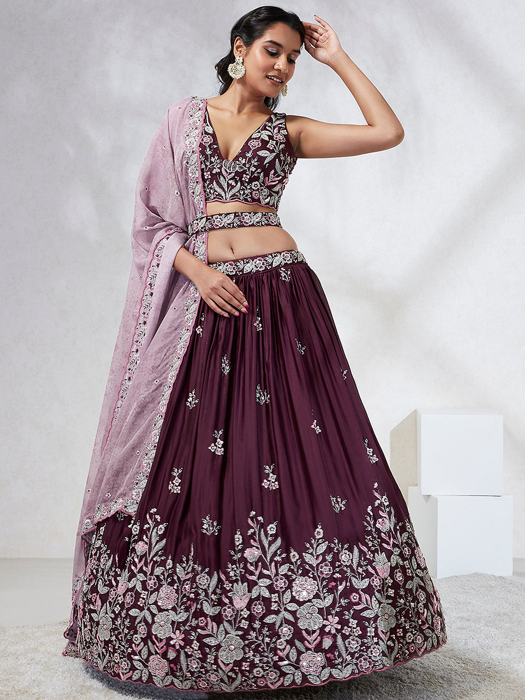 House of Panchhi Burgundy Pure Georgette Sequins And Thread Embroidery Lehenga Choli & Dupatta