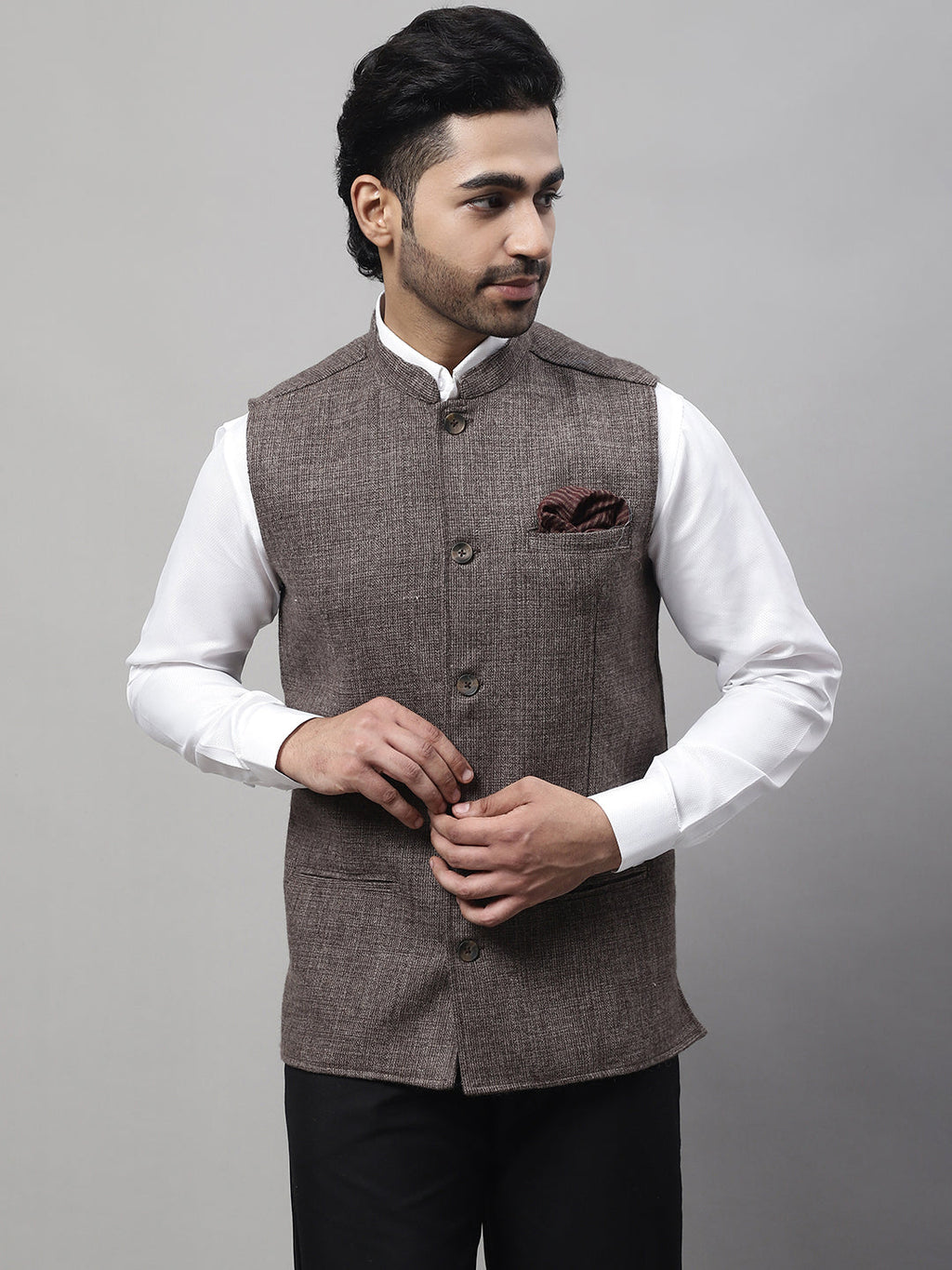 Even Apparels Men's Brown Nehru Jacket With Welt Pockets