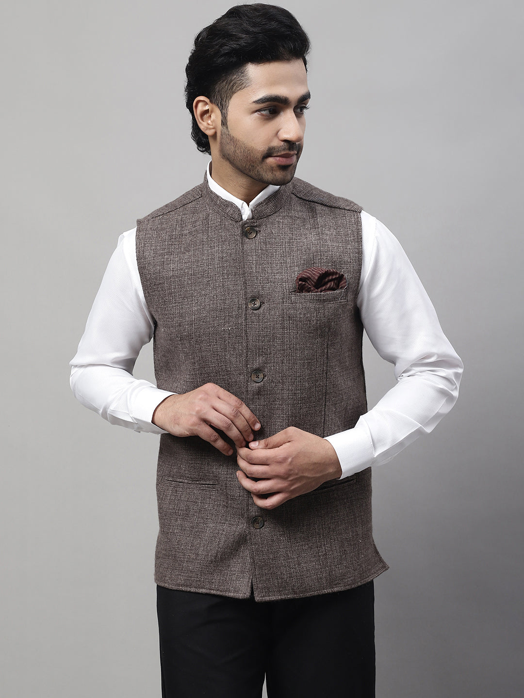 Even Apparels Men's Brown Nehru Jacket With Welt Pockets